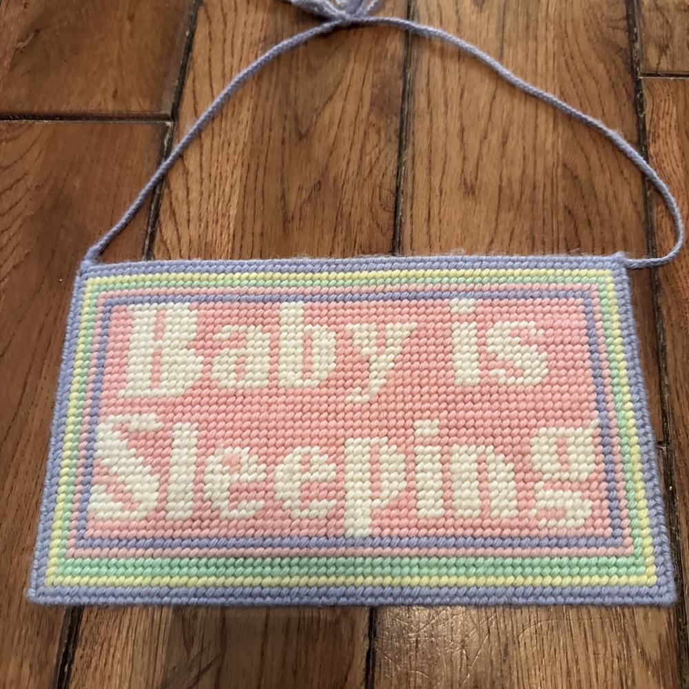 Vintage Needlepoint Handmade‎ Baby Is Sleeping Hanging Sign 70s Nursery Decor